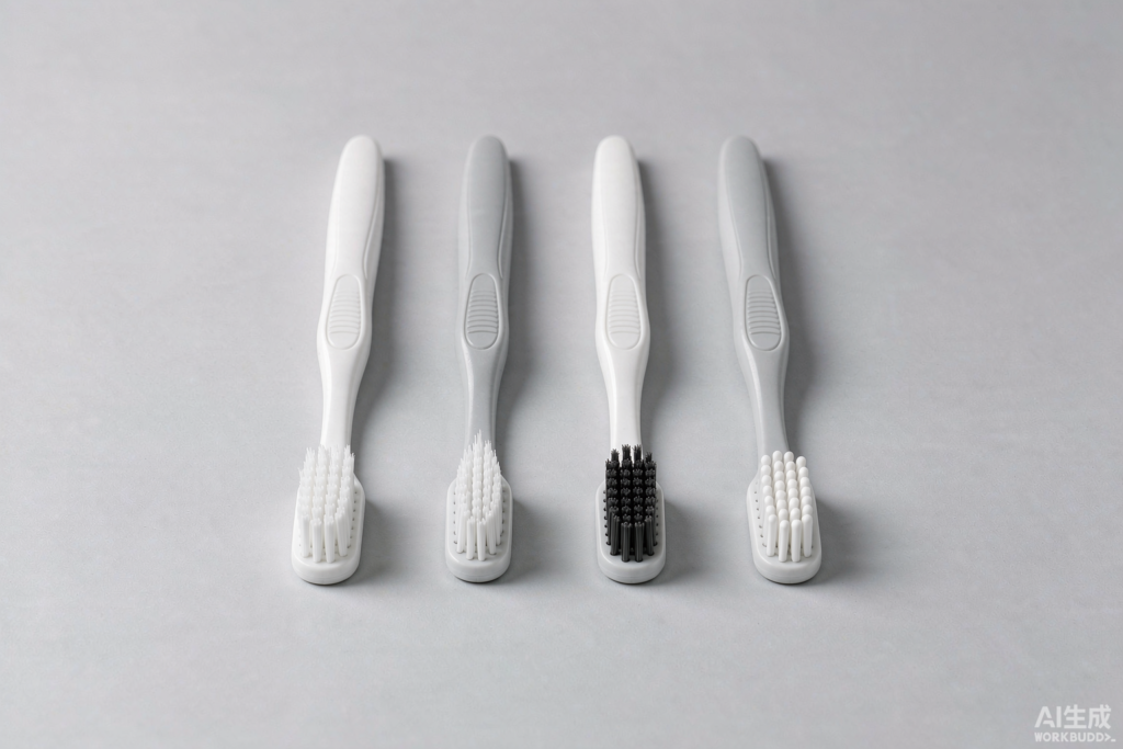 Four unbranded toothbrushes with different bristle filament types arranged on a light grey studio background