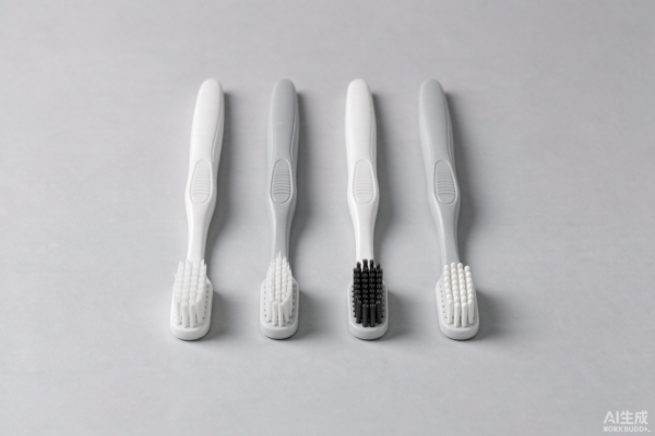 Four unbranded toothbrushes with different bristle filament types arranged on a light grey studio background