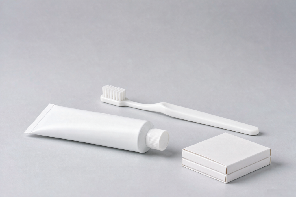 Unbranded toothpaste tube, toothbrush and retail cartons on a light grey studio background for a B2B oral care trade show sourcing guide