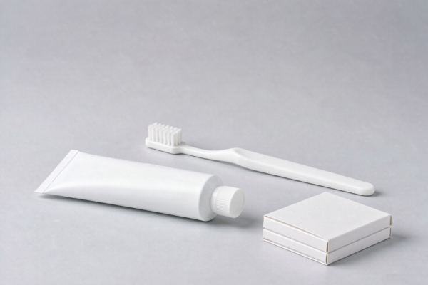 Unbranded toothpaste tube, toothbrush and retail cartons on a light grey studio background for a B2B oral care trade show sourcing guide