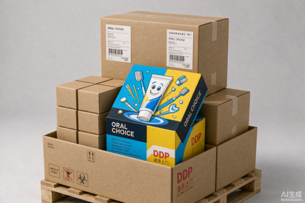 Export cartons of oral care products on a pallet ready for DDP shipping