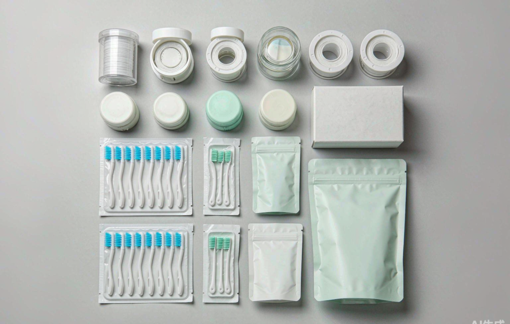 Flat-lay of private label dental floss SKUs including spools, floss picks and blank OEM packaging on a light grey studio background