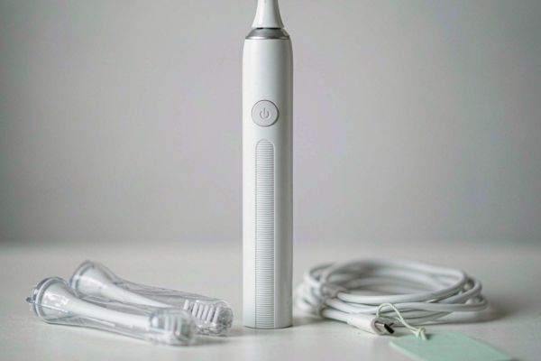 Rechargeable sonic electric toothbrush with replacement brush heads photographed in a clean B2B studio setting on a light grey background