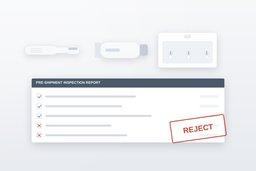 Failed pre-shipment inspection report with a red REJECT stamp beside unbranded oral care products on a light gray studio background