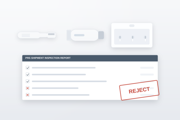 Failed pre-shipment inspection report with a red REJECT stamp beside unbranded oral care products on a light gray studio background