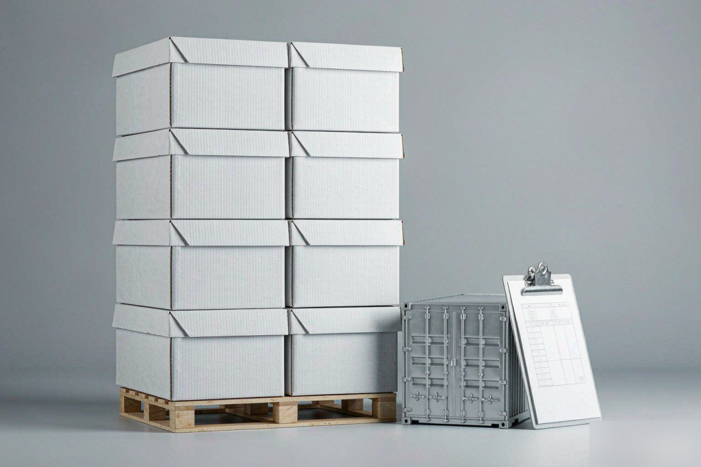 FCL vs LCL oral care shipping: palletised export cartons beside a container model on a light grey studio background
