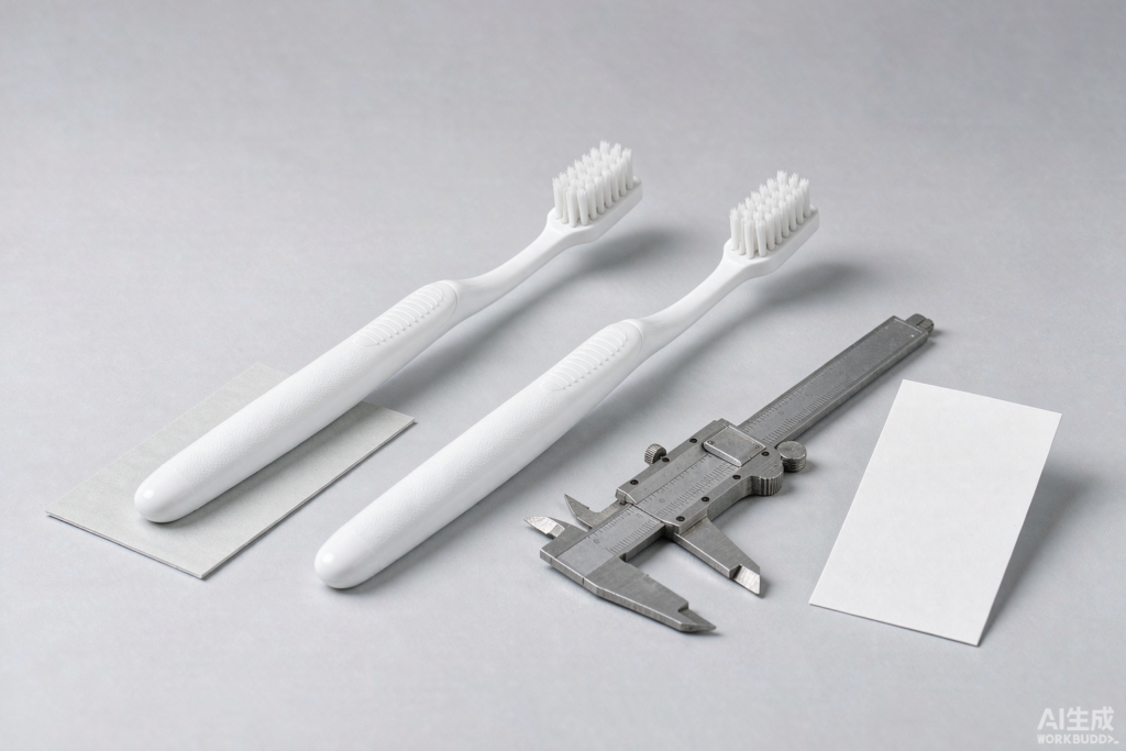 Two identical manual toothbrushes and a blank spec card on a light grey studio surface