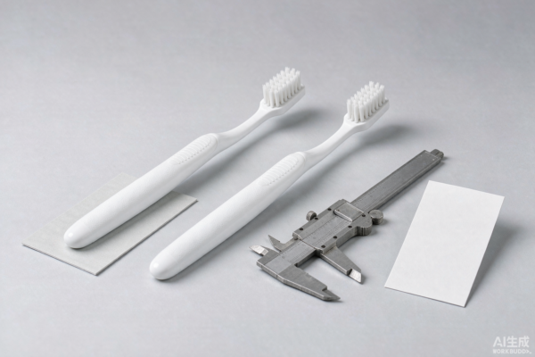Two identical manual toothbrushes and a blank spec card on a light grey studio surface