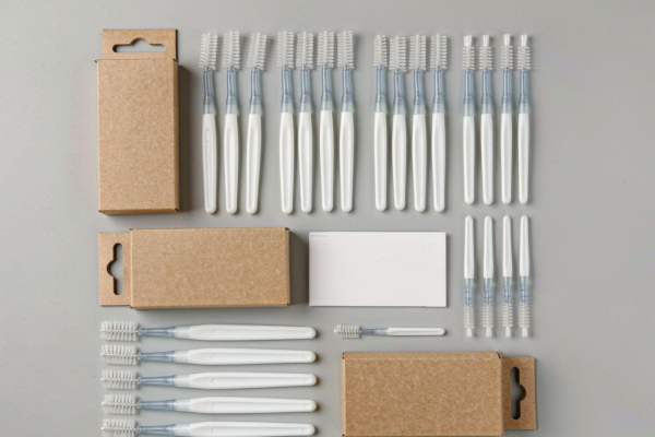 Flat-lay of plain white interdental brushes in assorted sizes with unbranded kraft cartons on a light grey studio background