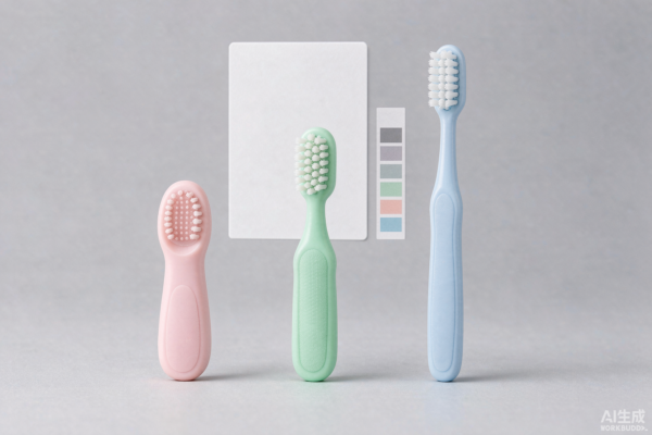 Kids' toothbrushes with small rounded brush heads and soft filaments arranged in a graded row on a light grey studio background