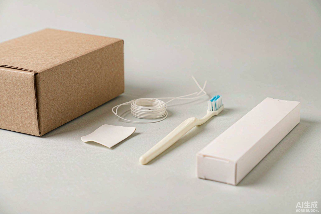 Filament coil, handle material swatch, manual toothbrush and plain retail carton arranged on a light grey studio surface