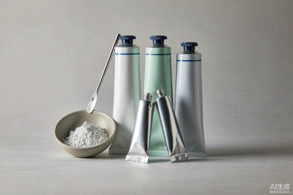 Nano-hydroxyapatite toothpaste tubes and hydroxyapatite powder sample dish photographed in a light grey B2B studio setting