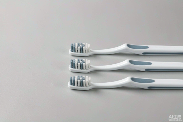 Three unbranded white toothbrushes arranged on a light grey studio background, illustrating OEM vs ODM sourcing models
