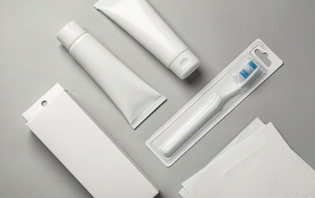 Unbranded white oral care private label packaging and approval documents on a light grey studio background