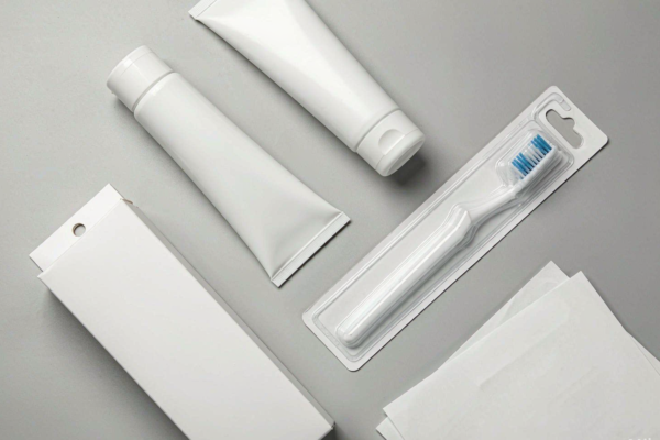 Unbranded white oral care private label packaging and approval documents on a light grey studio background