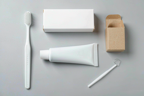 Unbranded white toothbrush, blank toothpaste tube, folding carton, kraft shipping box and interdental brush on a light grey studio background