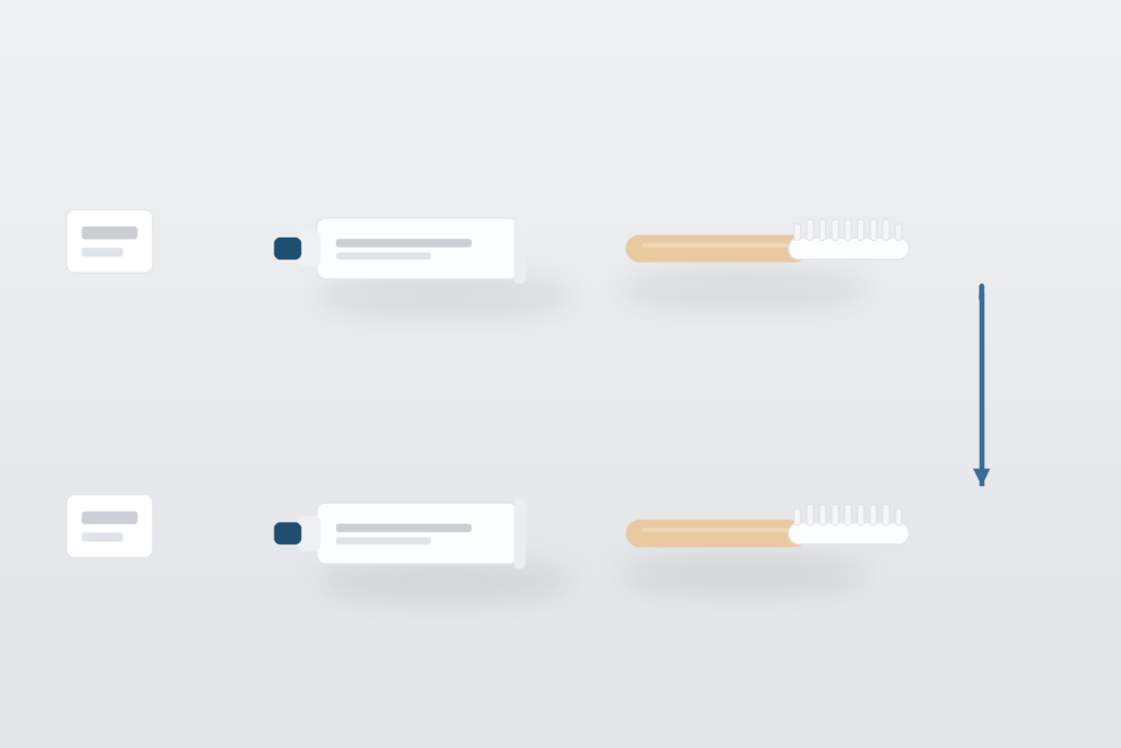 Two identical private label oral care product sets, each with a toothpaste tube and bamboo toothbrush, connected by a navy arrow on a light gray studio background