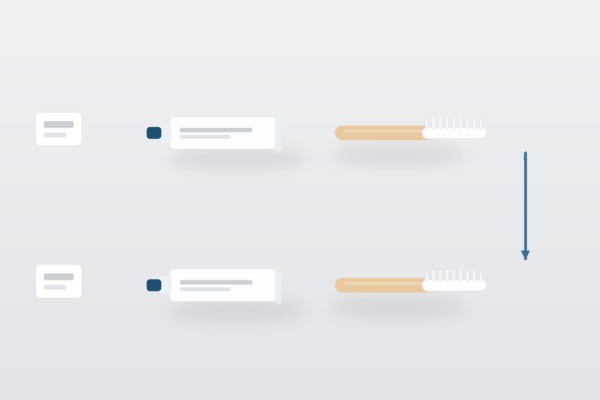 Two identical private label oral care product sets, each with a toothpaste tube and bamboo toothbrush, connected by a navy arrow on a light gray studio background