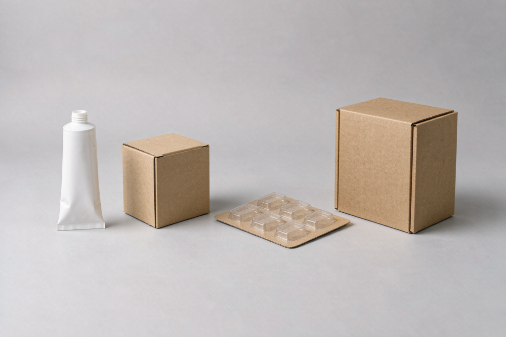 Unbranded toothpaste tube, folding carton, blister card and master carton samples on a light grey studio background