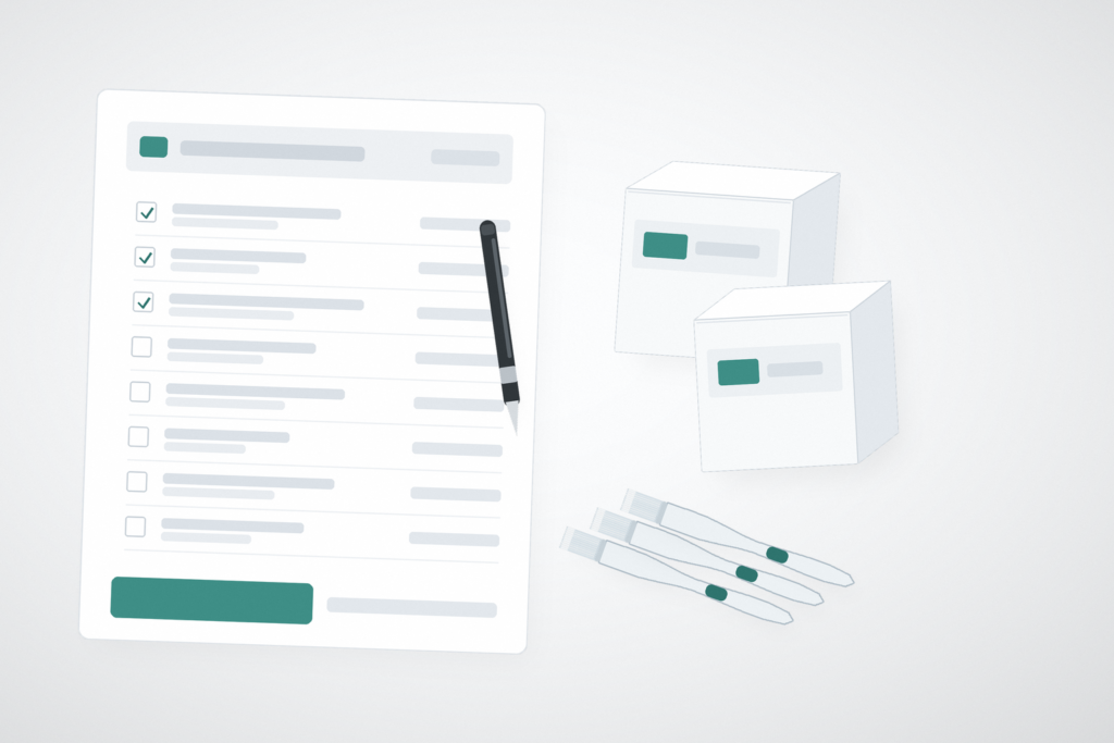 First purchase order budget planning for an oral care import programme, showing a printed cost worksheet beside private label toothbrush retail cartons, light gray studio background