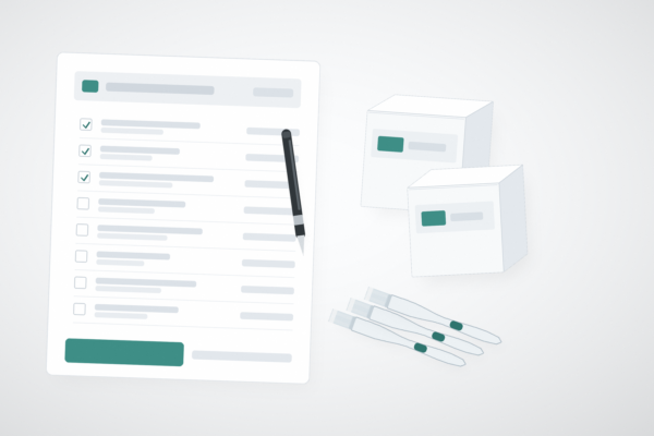 First purchase order budget planning for an oral care import programme, showing a printed cost worksheet beside private label toothbrush retail cartons, light gray studio background