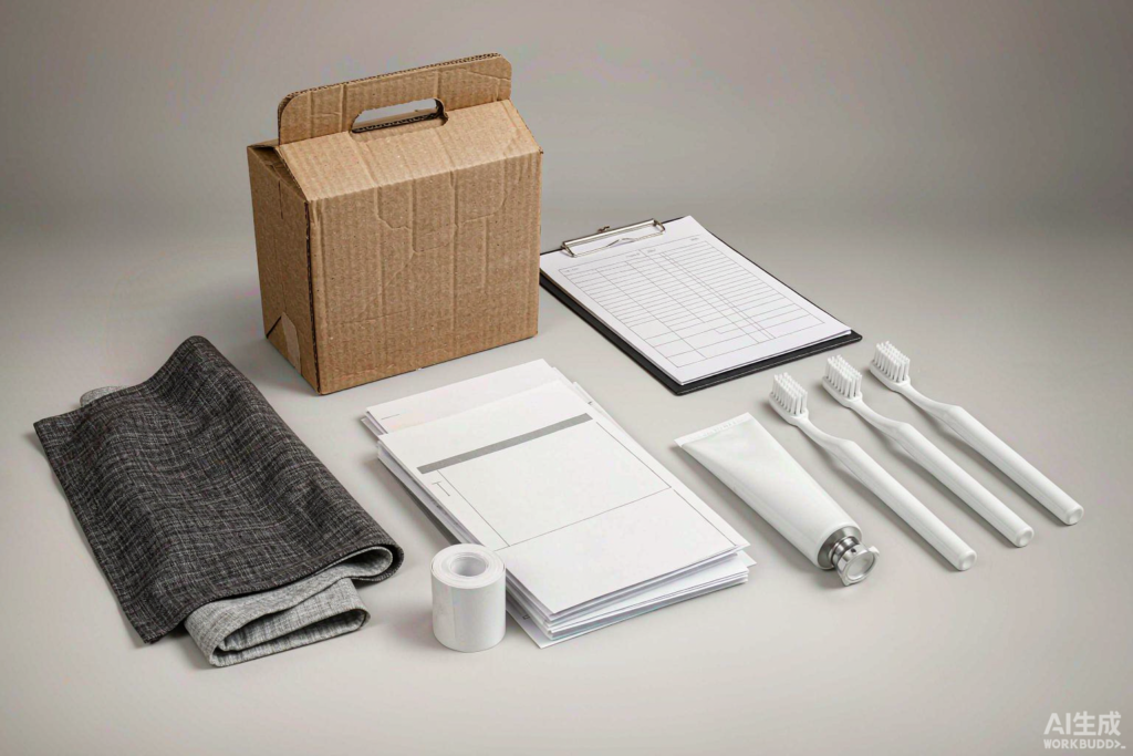 Oral care HS code classification flat lay: shipping carton, customs checklist and toothbrush samples on a light grey studio background