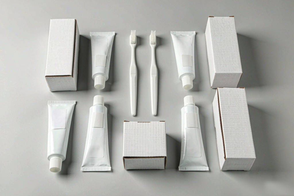 Unbranded toothbrushes and blank toothpaste tubes arranged in counted rows beside folding cartons on a light grey studio background