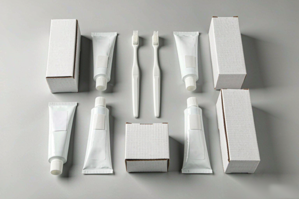 Unbranded toothbrushes and blank toothpaste tubes arranged in counted rows beside folding cartons on a light grey studio background