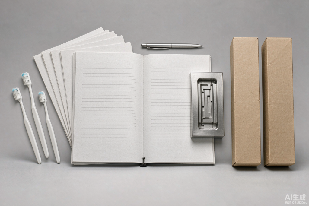 Flat-lay of an oral care OEM contract, a steel injection mold insert and unbranded private-label toothbrushes on a light grey studio background
