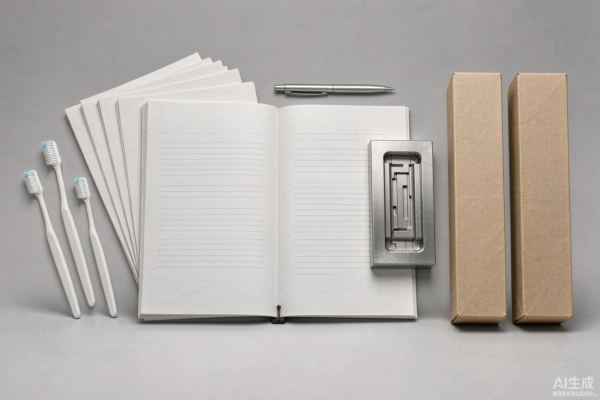 Flat-lay of an oral care OEM contract, a steel injection mold insert and unbranded private-label toothbrushes on a light grey studio background