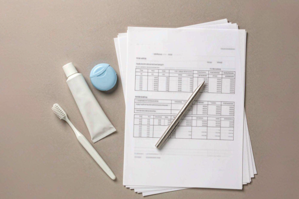 Unbranded oral care products arranged beside a stack of export payment documents on a light grey studio background