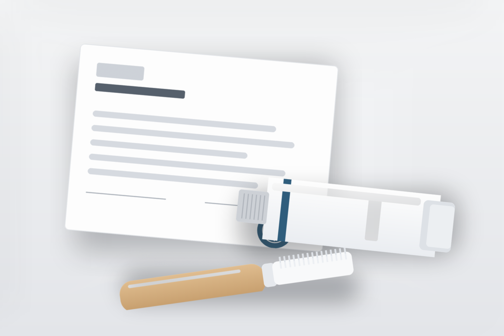 Product liability insurance document beside a private label toothpaste tube and bamboo toothbrush on a light gray studio background