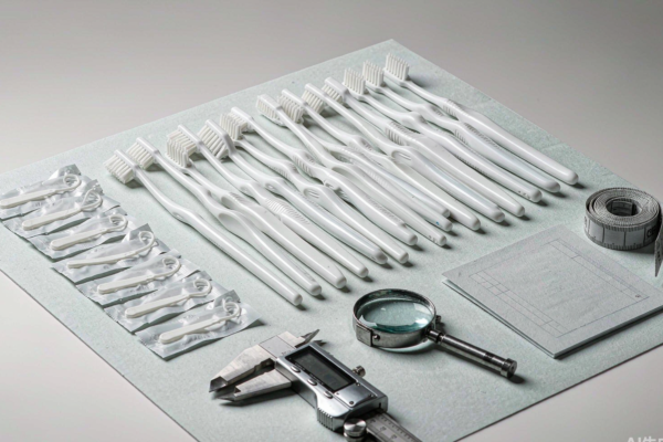 Unbranded white toothbrushes and dental floss packs laid out in a grid on a pale grey inspection mat with a digital caliper, magnifying loupe, tape measure and blank checklist card under soft studio light