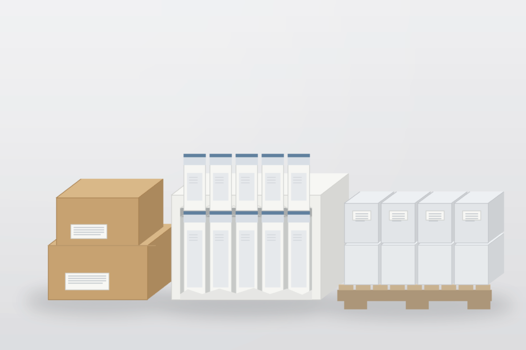 Retail ready oral care packaging showing a PDQ display shipper and shelf-ready master cartons stacked on a pallet, light gray studio background