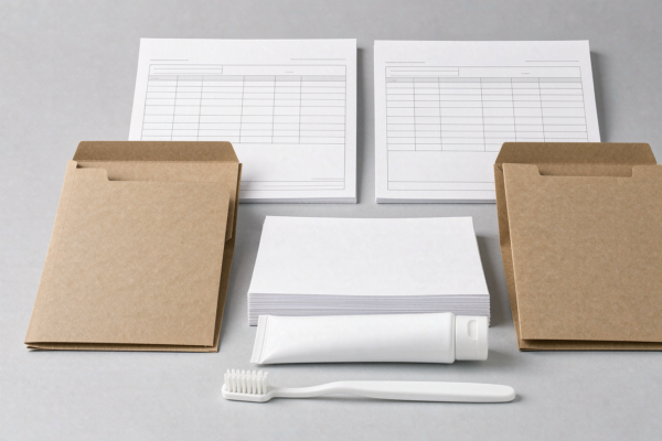 Neatly arranged blank export documents, kraft folders and unbranded oral care units in clean studio light on a light grey background