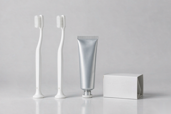 Unbranded toothbrushes, a blank toothpaste tube and a folding carton arranged on a light grey studio background