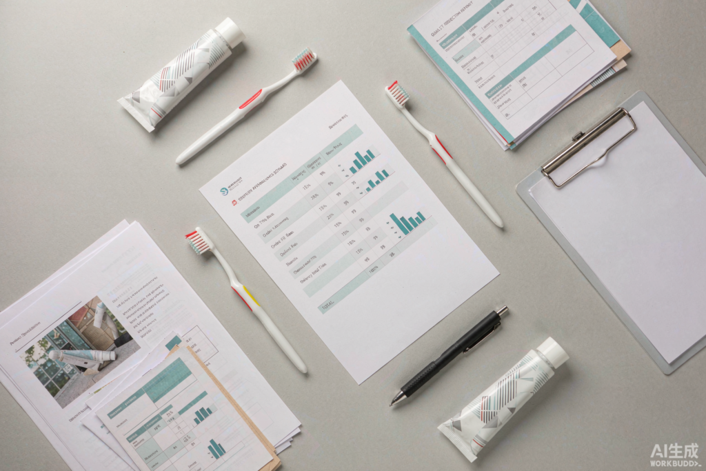 Oral care supplier performance scorecard sheet with quality metrics and inspection reports beside toothbrush samples on a light grey studio background