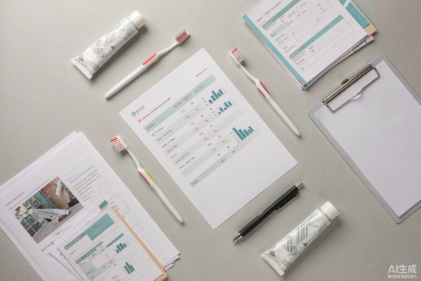 Oral care supplier performance scorecard sheet with quality metrics and inspection reports beside toothbrush samples on a light grey studio background