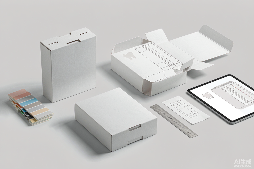 Private label oral care packaging artwork workstation with blank toothbrush cartons, dieline layout, Pantone swatches and print proof on light grey background