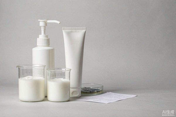 Private label toothpaste specification samples, tubes and test beakers on a light grey studio background