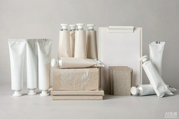Unbranded white toothpaste tubes, a blank checklist clipboard and kraft sample folders arranged on a light grey background in clean studio daylight