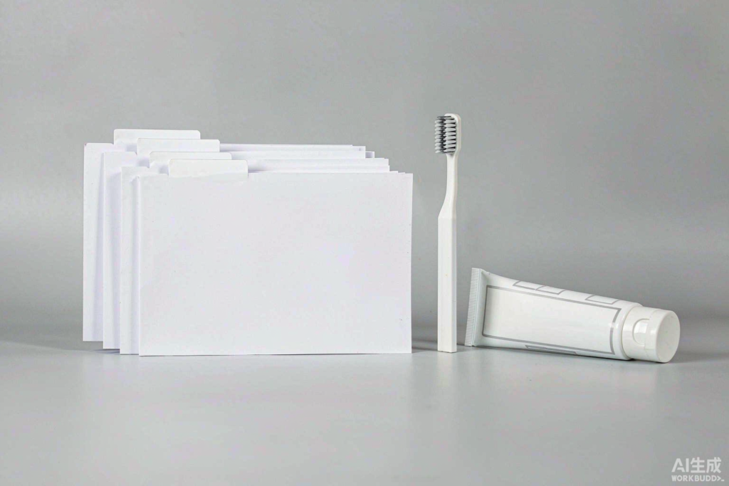 Four printed sourcing documents labelled RFQ, RFI, PI and PO arranged in a sequence beside a toothbrush and toothpaste carton on a light grey studio background