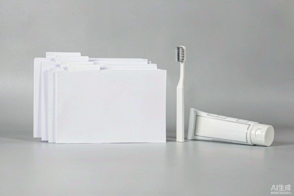 Four printed sourcing documents labelled RFQ, RFI, PI and PO arranged in a sequence beside a toothbrush and toothpaste carton on a light grey studio background
