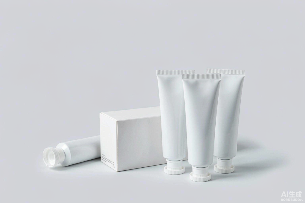 Studio photo of unbranded toothpaste tubes and cartons with batch coding on a light grey background