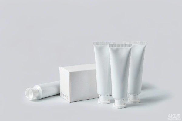 Studio photo of unbranded toothpaste tubes and cartons with batch coding on a light grey background