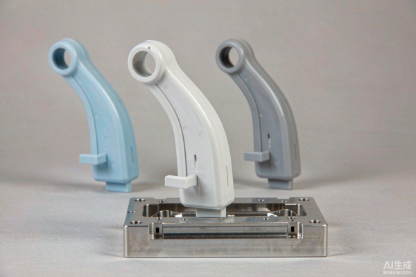 Injection mould tool components and custom toothbrush handle samples arranged on a light grey background under clean studio lighting