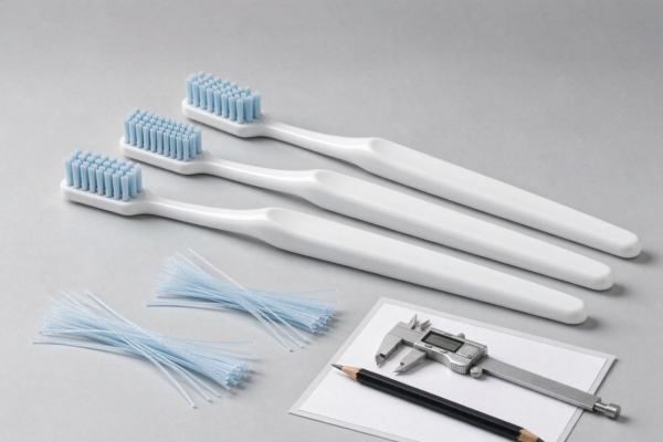 Three unbranded white toothbrushes with different bristle tufting patterns laid beside loose nylon filament bundles, a digital caliper and a blank spec card on a light grey studio background
