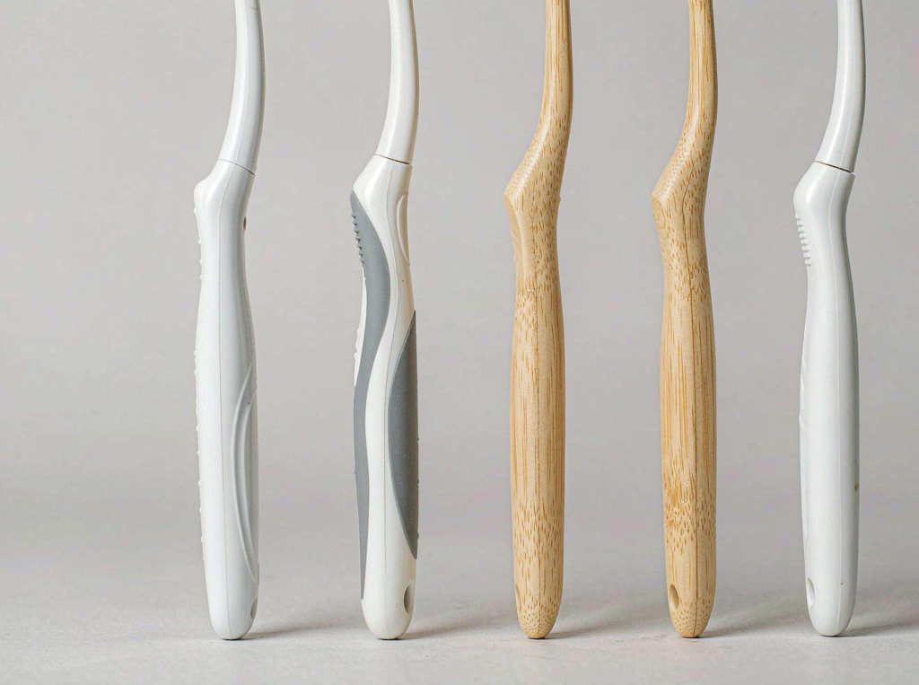 Assorted private label toothbrush handles in polypropylene, TPE-grip and bamboo on a light grey studio background
