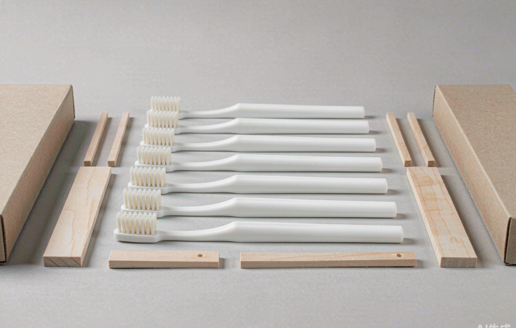 Flat-lay of plain white manual toothbrushes with unbranded kraft cartons and a cost worksheet card on a light grey studio background