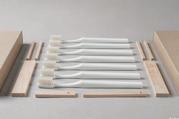 Flat-lay of plain white manual toothbrushes with unbranded kraft cartons and a cost worksheet card on a light grey studio background